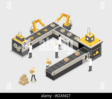 Automatische, programmierte Montagelinie mit Arbeiter. Moderne Fabrik, Industrie Herstellung, Ausrüstung Vector Illustration. Produkt, gadget Erstellung isometrischer 3d-Konzept Stock Vektor