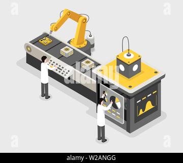 Wissenschaftliche Forschung, Daten sammeln facility Arbeitnehmer. Ingenieure Monitoring, Montage linie isometrische Darstellung. Maschinen, Roboter arbeitet, auf Systemsteuerung, Tastatur 3d-Konzept Stock Vektor