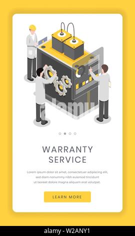 Garantie, Wartung mobile App. Software und Hardware Ingenieure lösen das Problem mit der industriellen Technologie smartphone Website Design. Online Assembly Equipment Distribution Stock Vektor