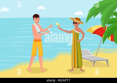 Sie Cocktails auf Seashore Vector Illustration. Tropische Insel Luxus Sommer Urlaub mit Freunden Flachbild-Konzept. Urlauber Alkohol am Ocean Resort Cartoon Character Design Stock Vektor