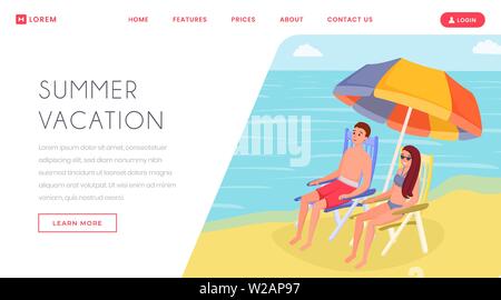 Luxus, tropischen Sommer Urlaub landing page. Sonnen, Entspannen am Ufer des Ozean, Küste mit Freund, Freundin flachbild Vector Illustration. Reisen Agentur, Website, Webseite Vorlage Stock Vektor