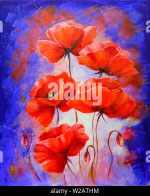 Roter Mohn auf lila backgraund, Ölmalerei auf Leinwand. Hand gemalte Blumen Stockfoto