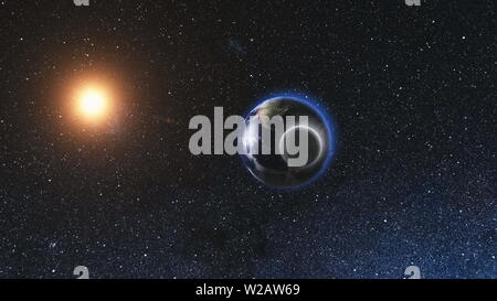 Sonnenaufgang Blick aus dem Weltall auf realistische Erde mit Mond, rotieren im Raum vor dem Hintergrund der Sternenhimmel und die Sonne 3D-Render Animation. Elemente dieses Bild von der NASA eingerichtet Stockfoto