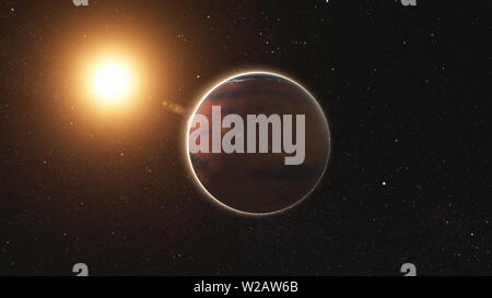 Sonnenaufgang auf dem Mars von open space. Red Planet Ansatz, drehen, in schwarz Universum der Sterne drehen. Abstrakten wissenschaftlichen Hintergrund. 3D-Render. Bild zoomen. Elemente dieses Bild von der NASA eingerichtet Stockfoto