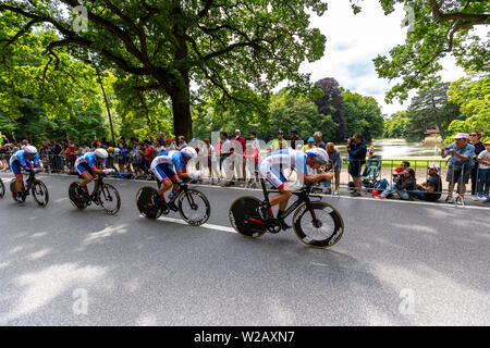 Brüssel, Belgien. 7 Jul, 2019. Time Trial Phase des Grand Abfahrt der Tour de France Rennen in Brüssel, Belgien. Stockfoto