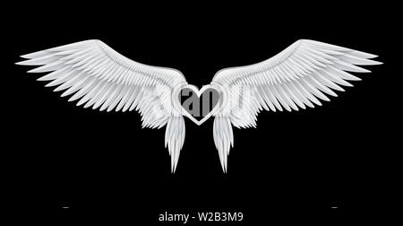 Silber Herz auf weißem realistische Angel Wings Stockfoto