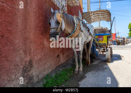 Trinidad, Kuba - Juni 6, 2019: Pferdekutsche in den Straßen einer kleinen kubanischen Stadt während einer lebendigen sonnigen Tag. Stockfoto