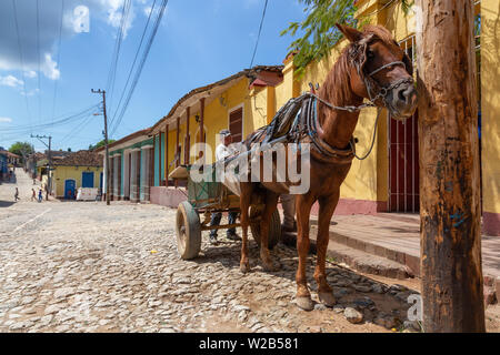 Trinidad, Kuba - Juni 6, 2019: Pferdekutsche in den Straßen einer kleinen kubanischen Stadt während einer lebendigen sonnigen Tag. Stockfoto