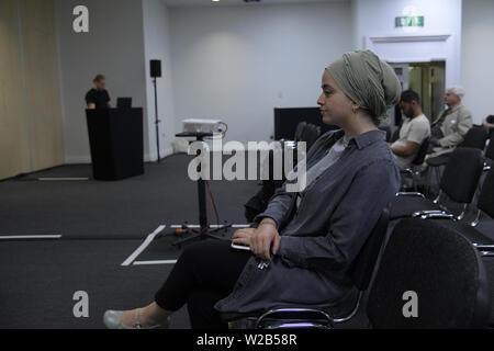 Lautsprecher Ayse Kotan, Walla Al Husban, sumeyye Sakarya und Sheheen Kattiparambi Kritischer muslimischen Studien an Palästina Expo 2019 am 7. Juli 2019 in London Olympia, UK. Stockfoto