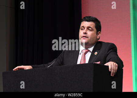Lautsprecher des britischen Parlaments: eine moralische Verantwortung für Palästina mit Colin Monehen, Mickey Brady MP und Ahmed Mahdud in Palästina Expo 2019 am 7. Juli 2019 in London Olympia, UK. Stockfoto