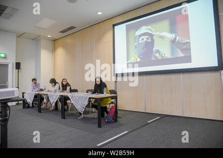 Lautsprecher Ayse Kotan, Walla Al Husban, sumeyye Sakarya und Sheheen Kattiparambi Kritischer muslimischen Studien an Palästina Expo 2019 am 7. Juli 2019 in London Olympia, UK. Stockfoto