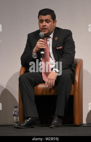 Lautsprecher des britischen Parlaments: eine moralische Verantwortung für Palästina mit Colin Monehen, Mickey Brady MP und Ahmed Mahdud in Palästina Expo 2019 am 7. Juli 2019 in London Olympia, UK. Stockfoto