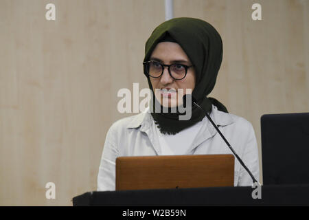 Lautsprecher Ayse Kotan, Walla Al Husban, sumeyye Sakarya und Sheheen Kattiparambi Kritischer muslimischen Studien an Palästina Expo 2019 am 7. Juli 2019 in London Olympia, UK. Stockfoto