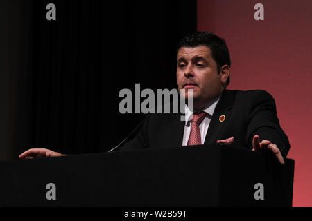 Lautsprecher des britischen Parlaments: eine moralische Verantwortung für Palästina mit Colin Monehen, Mickey Brady MP und Ahmed Mahdud in Palästina Expo 2019 am 7. Juli 2019 in London Olympia, UK. Stockfoto