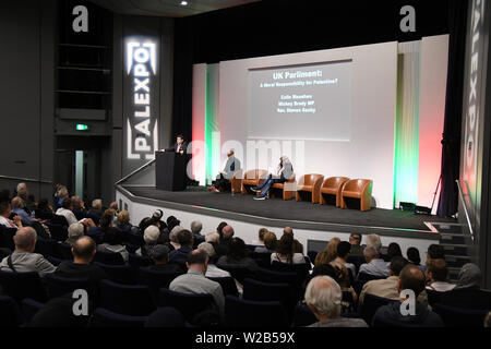 Lautsprecher des britischen Parlaments: eine moralische Verantwortung für Palästina mit Colin Monehen, Mickey Brady MP und Ahmed Mahdud in Palästina Expo 2019 am 7. Juli 2019 in London Olympia, UK. Stockfoto