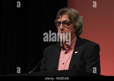 Lautsprecher des britischen Parlaments: eine moralische Verantwortung für Palästina mit Colin Monehen, Mickey Brady MP und Ahmed Mahdud in Palästina Expo 2019 am 7. Juli 2019 in London Olympia, UK. Stockfoto