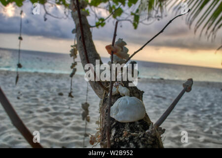 Dieses einzigartige Foto zeigt eine Muschel hängend an einer Schnur und im Hintergrund können Sie den Strand und den Sonnenuntergang auf den Malediven sehen Stockfoto