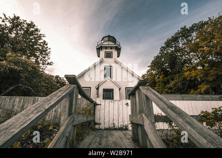 Alte Mission Point Lighthouse in Michigan. Die Alte Mission Point Lighthouse ist eine beliebte Sehenswürdigkeit in Michigan. Stockfoto