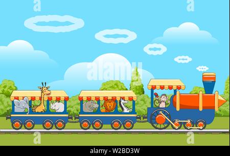 Tiere trainieren. Baby Tier reisen, niedliche Tiere Reisen mit der Bahn transport Vector Illustration, cartoon Löwe und Zebra, lustige Affe und Elefant Stock Vektor