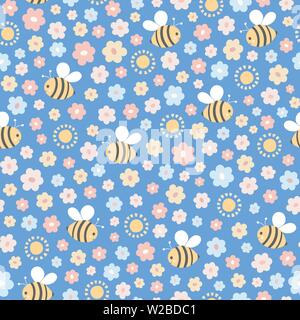 Nahtlose wiederholen von Bienen, Blumen und Sonnenschein. Eine süsse Hand gezeichnet Vektor floralen und bestäuber Design ideal für Kinder. Stock Vektor