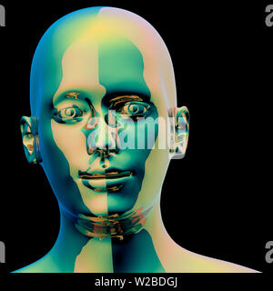 3D-Darstellung der Iron Man Kopf farbig Grün golden glänzende metallische Kontrast Avatar. Futuristischen Charakter cyborg Gesicht Nahaufnahme Porträt. Isoliert auf Stockfoto