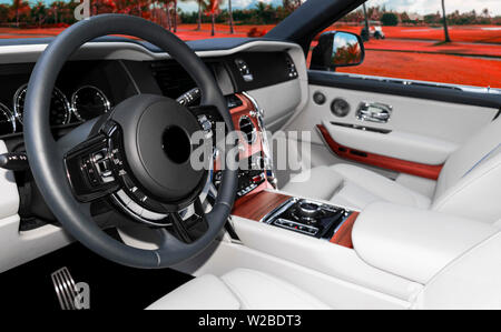 Moderner Luxus Auto weiss Leder Interieur mit natürlichem Holz. Teil aus Leder Autositz details mit Ziernähten. Innenraum der Prestige modernes Auto. Wh Stockfoto