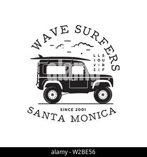 Vintage surf Logo Print Design für t-shirt und andere verwendet. Wave Surfers Typografie zitat Kalligraphie und van Symbol. Ungewöhnliche Hand gezeichnet surfen Grafik Stock Vektor