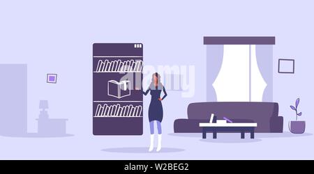 Frau mit Mobile App online librbary e-Bücher im Smartphone e-learning Konzept Mädchen buch Auswahl modernes Wohnzimmer innere horizontale volle Länge Stock Vektor
