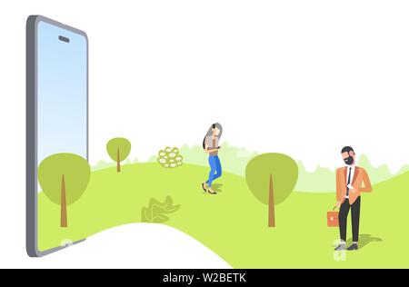 Paar mit Smartphones wandern outdoor Mann Frau Spaß im Sommer Park vom Bildschirm des Smartphones sucht Kommunikation Konzept online Mobile Stock Vektor