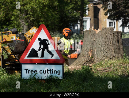 Ein Schild warnt vor den gefährlichen Bereich, über einen Mann, der volle PPE, verwendet eine Kettensäge ein Baumstumpf aus der Base zu schneiden. Stockfoto