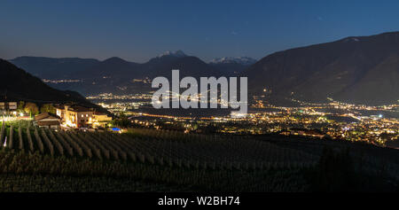 Night Skyline Panorama von Meran Tal und die Weinberge von Schenna im Meraner Land Burggrafenamt,. Provinz Bozen, Südtirol, Italien. Europa. Stockfoto