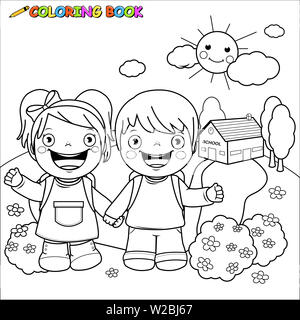 Glückliche Kinder im Schulhof. Ein Mädchen und ein Junge Schüler im Schulkindergarten. Schwarzweiß-Ausmalseite. Stockfoto