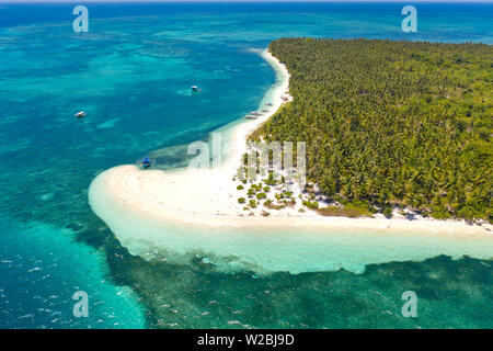 Patongong Insel, Palawan, Philippinen. Tropische Insel mit Palmen und weißem Sand. Atoll mit einer grünen Insel, Ansicht von oben. Stockfoto