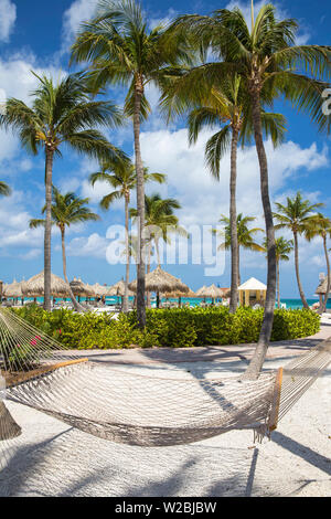 Karibik, Niederländische Antillen, Aruba, Hängematte auf Palm Beach Stockfoto