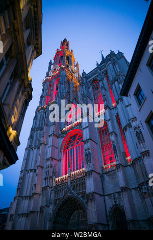 Belgien, Antwerpen, Groenplaats, Onze-Lieve-Vrouwekathedraal Kathedrale, Winter, Dämmerung Stockfoto