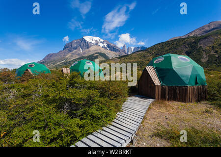 Chile, Magallanes Region, Torres del Paine Nationalpark, Hotel Las Torres Bereich, Refugio Hütten wandern Stockfoto