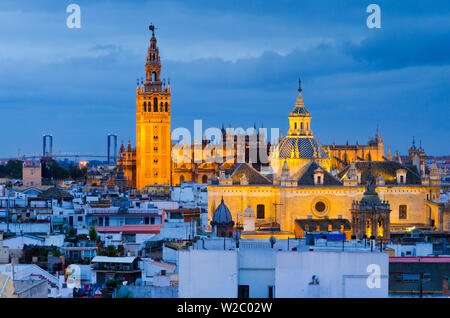 Spanien, Andalusien, Provinz Sevilla, Sevilla, Kathedrale von Sevilla, der Giralda Turm (La Giralda) und Kirche des Erlösers (Iglesia del Salvador) Stockfoto