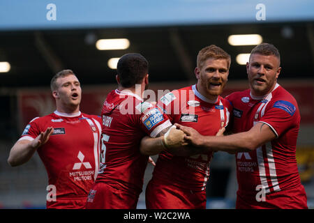 Salford der Roten Teufel Kris Welham feiert seine Seiten zählenden Dritten versuchen, 4. Juli 2019, AJ Bell Stadium, Salford, England; Betfred Super League, Runden 21, Salford Rote Teufel vs Huddersfield Riesen; Credit: Terry Donnelly/News Bilder Stockfoto