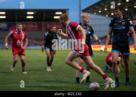 Salford der Roten Teufel Kris Welham feiert seine Seiten zählenden Dritten versuchen, 4. Juli 2019, AJ Bell Stadium, Salford, England; Betfred Super League, Runden 21, Salford Rote Teufel vs Huddersfield Riesen; Credit: Terry Donnelly/News Bilder Stockfoto