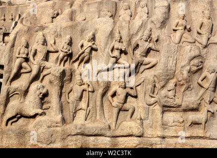 Pancha Rathas, cave Tempel (7. Jahrhundert), Mahabalipuram, Tamil Nadu, Indien Stockfoto