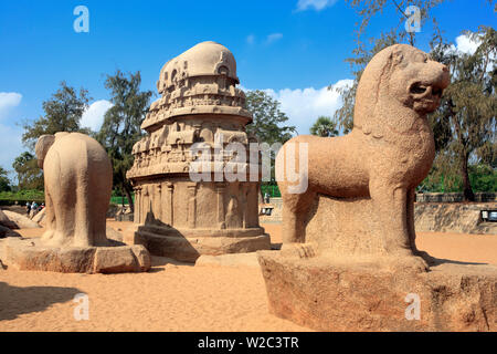 Pancha Rathas, cave Tempel (7. Jahrhundert), Mahabalipuram, Tamil Nadu, Indien Stockfoto