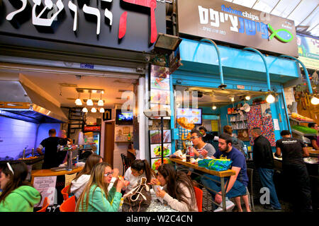 Kosher Fish und Chips, Mahane Yehuda Markt, Jerusalem, Israel, Naher Osten, Stockfoto