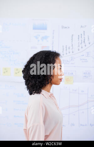 Seitenansicht der schweren curly Vietnamesischen weibliche Unternehmer Stading am Whiteboard mit Diagramme und Berichte Stockfoto