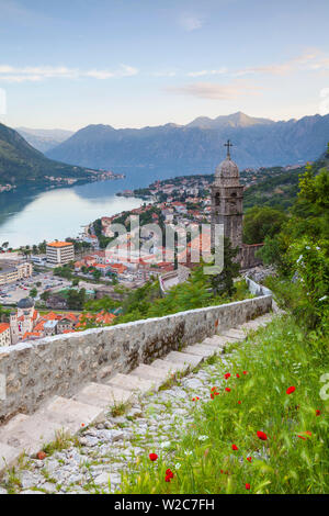 Erhöhten Blick auf die Kotor Stari Grad (Altstadt) und die Bucht von Kotor, Kotor, Montenegro Stockfoto