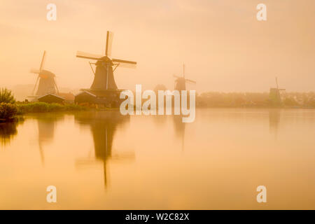 Niederlande, Nordholland, Zaandam, Zaanse Schans, von links nach rechts der Seeker (De) Zoeker Oilmill, die jungen Schafe (Het Jonge Schaap) Sägewerk und die Katze (De Kat) Dyemill Stockfoto