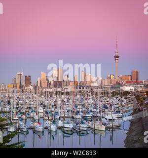 Westhaven Marina & Stadt Skyline beleuchtet in der Abenddämmerung, Waitemata Harbour, Auckland, Nordinsel, Neuseeland, Australien Stockfoto