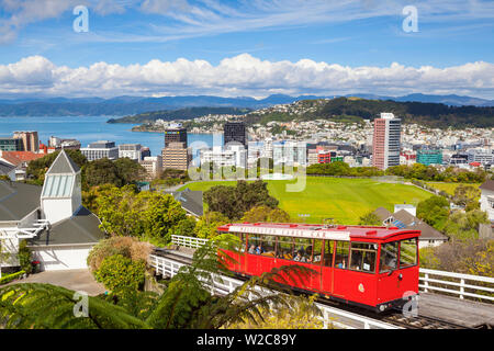 Erhöhte Blick über Seilbahn (Seilbahn) und Zentrum von Wellington, Wellington, Nordinsel, Neuseeland Stockfoto