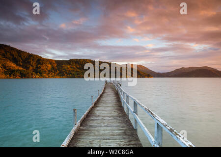 Sonnenuntergang über der malerischen Wharf in idyllischer Kenepuru Sound, Marlborough Sounds, Südinsel, Neuseeland Stockfoto