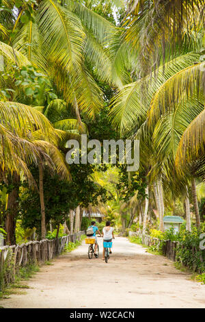 Cylcing nach unten weg in L'Union Estate, La Digue, Seychellen Stockfoto