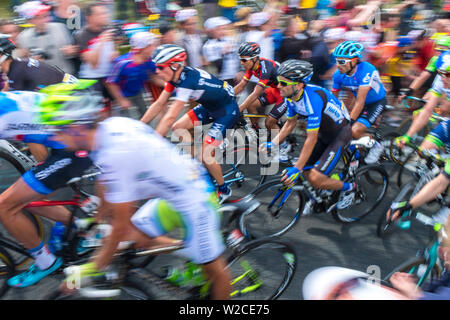 Peloton, Tour de France, Juli 2014, in der Nähe der Oberseite der Holme Moss Pass nr Hereford, Peak District, Yorkshire, Großbritannien Stockfoto